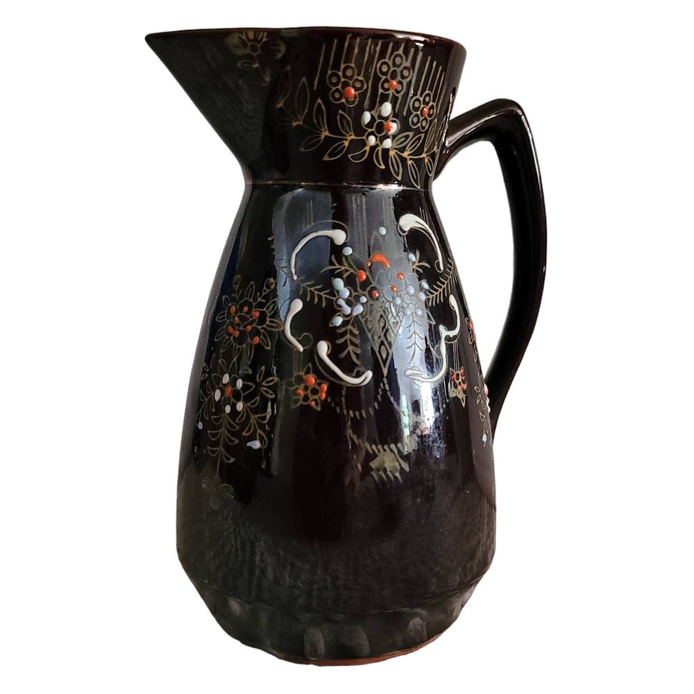 Vintage Chocolate Brown Hand Painted Moriage 7 inch Tall Redware Pitcher
